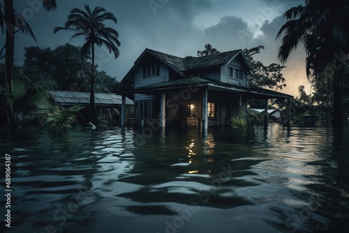 A severe tropical storm with heavy rainfall caused a major flooding, and the floodwaters inundated houses. The inclement weather resulted in the flooding.  photo