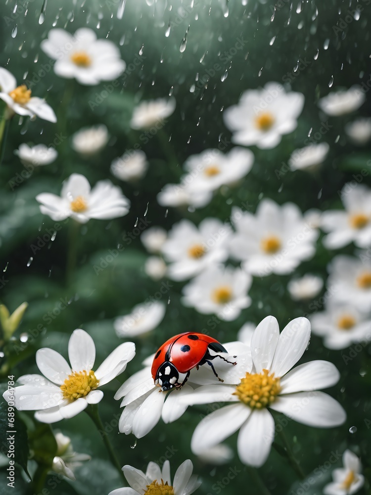 ladybug on daisy in rainy jungle ,fantasy photography