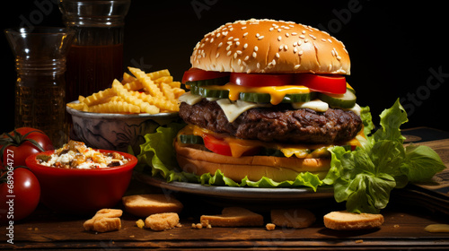 Grill burger with stars on the table. A hamburger with cheese, tomato, lettuce, tomato slices, lettu