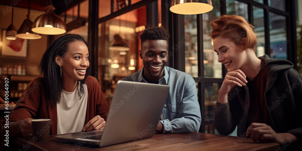 Happy Fun Students Laptop Friends Cafe Concept Happy Fun Students Laptop Friends Cafe Concept
