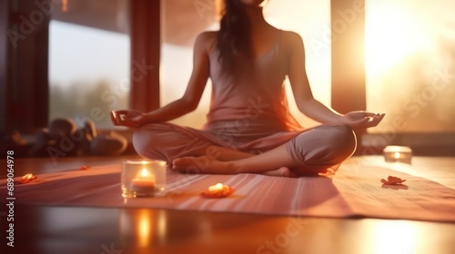 Solitude and meditation surrounded by aromatic candles. Aromatherapy. A young woman meditates in the lotus position in a spacious yoga studio in nature.