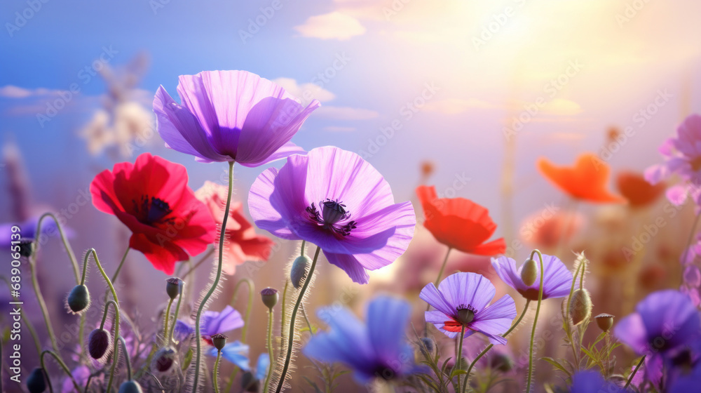 Beautiful poppies and blue sky at sunset. Nature background