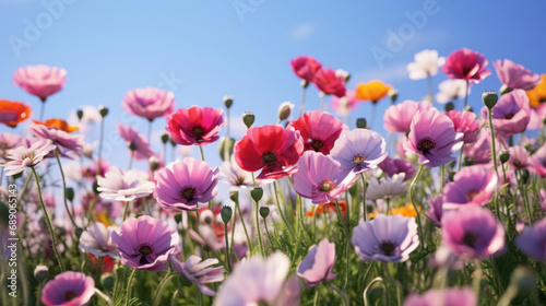 Poppy field with pink and white poppies on a sunny day © tashechka