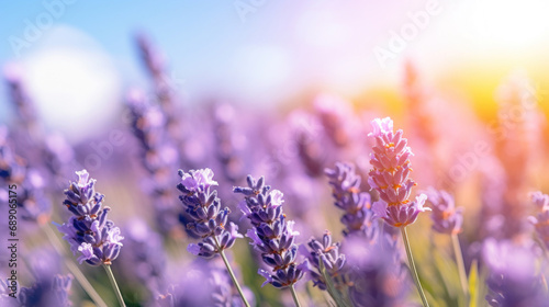 Lavender flowers blooming in a lavender field at sunset