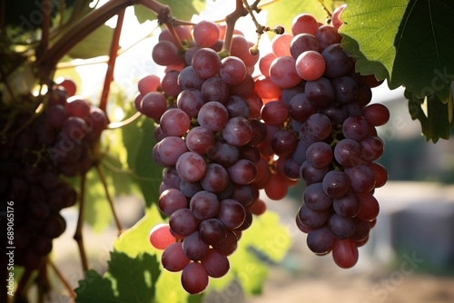 Bunches of ripe grape hanging in a vineyard