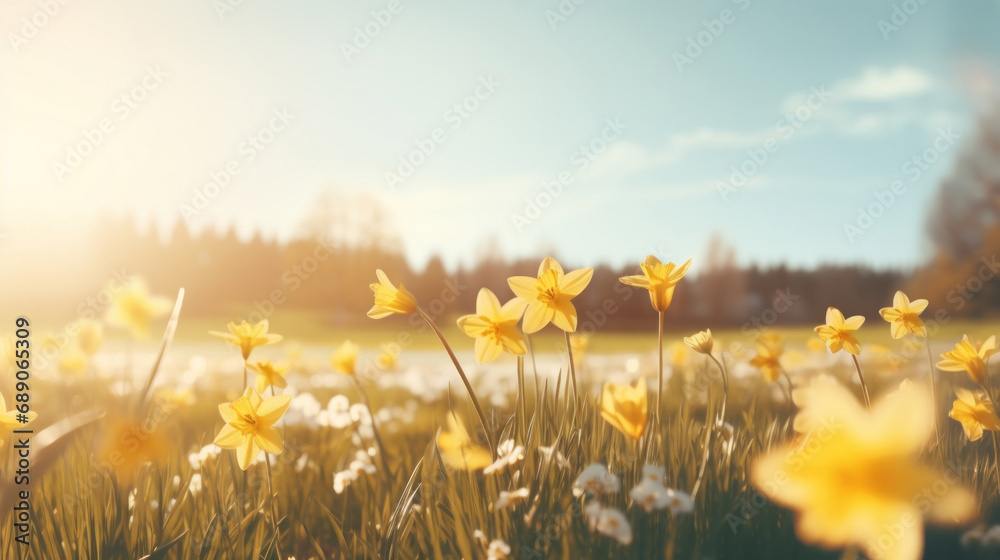 Fototapeta premium Daffodils in the meadow. Spring nature background.