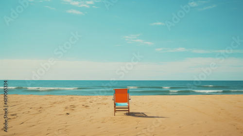 Red chair on the beach with blue sky and sea - vintage filter © tashechka