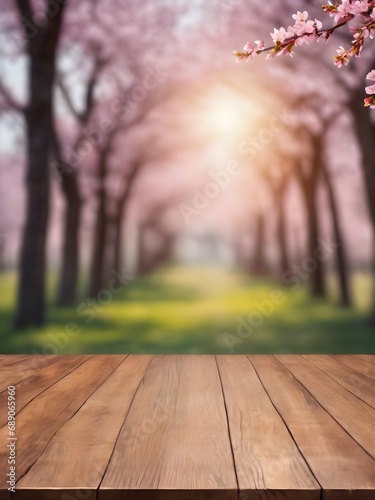 spring flowers on wooden background,Empty wooden table in pink flower Park with garden bokeh backgraound with a country outdoor theme, Template mock up for display of product