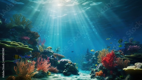 A mesmerizing underwater scene with realistic marine life  coral reefs  and sunlight streaming through the water s surface