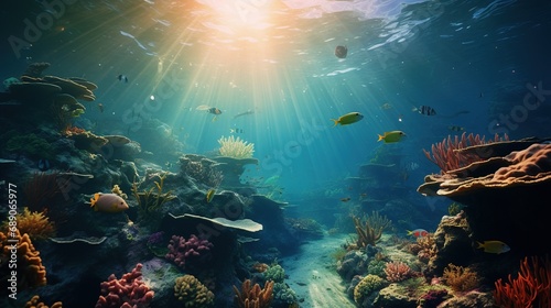 A mesmerizing underwater scene with realistic marine life, coral reefs, and sunlight streaming through the water's surface © LaxmiOwl
