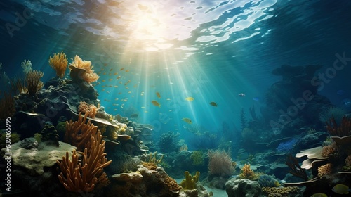 A mesmerizing underwater scene with realistic marine life  coral reefs  and sunlight streaming through the water s surface