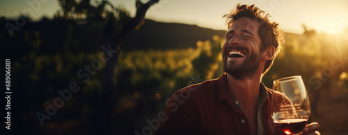 Portrait of a smiling man with a glass of wine, blurred backdrop of vineyard on a sunset. Generative AI photo