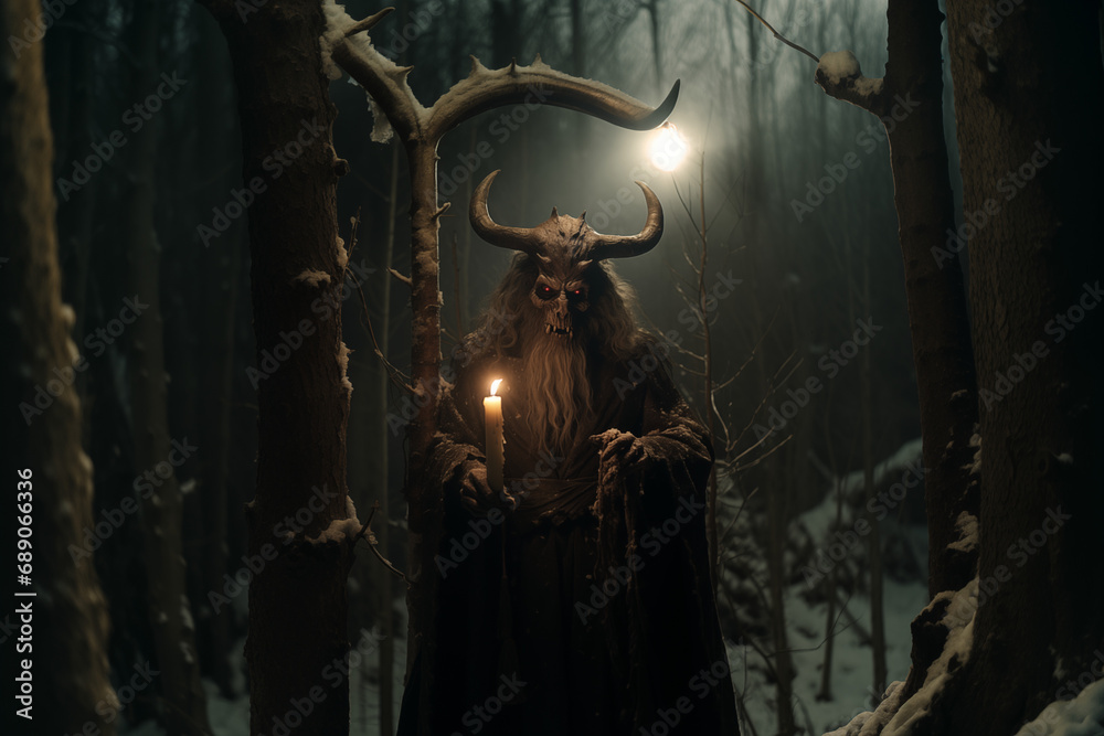 Krampusnacht ou Krampus Night, nuit du 4 au 5 décembre, avant la St Nicolas, en Europe, Krampus monstre « mi-chèvre, mi-démon » avec des cornes qui punit les enfants pas sages,  dans la forêt - obrazy, fototapety, plakaty 