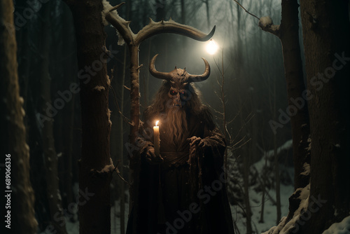 Krampusnacht ou Krampus Night, nuit du 4 au 5 décembre, avant la St Nicolas, en Europe, Krampus monstre « mi-chèvre, mi-démon » avec des cornes qui punit les enfants pas sages,  dans la forêt © Noble Nature