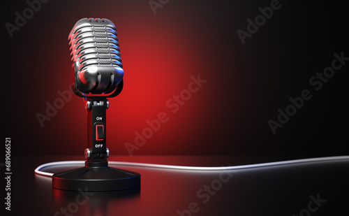 Vintage microphone in front of red and black background