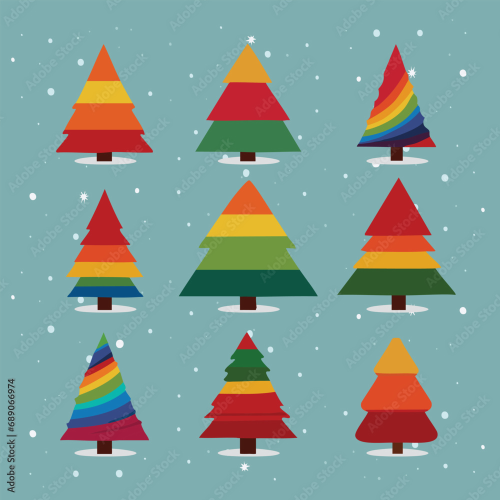 A festive ensemble comprising precisely 9 adorable rainbow Christmas pine trees, each exuding charm and merriment.