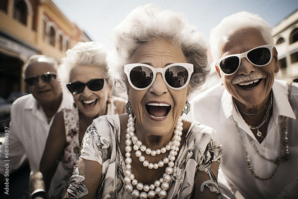 Happy elderly people in sunglasses walking around city. Joy of life in retirement concept. AI generated