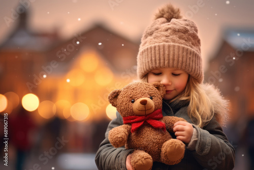 cute little girl with teddy bear on christmas market