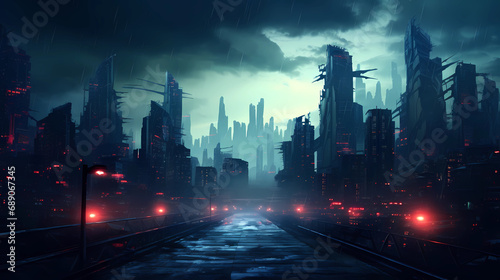 Cyberpunk streets illustration  futuristic city  dystoptic artwork at night  4k wallpaper. Rain foggy  moody empty future