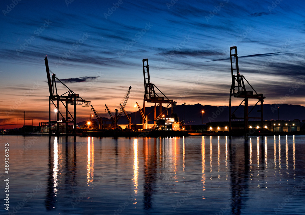 Blue hour by the industrial harbour of Malaga