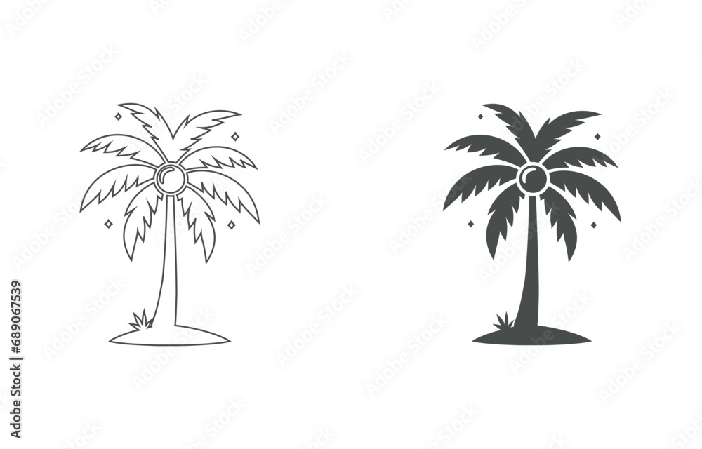 coconut tree black silhouettes with line art