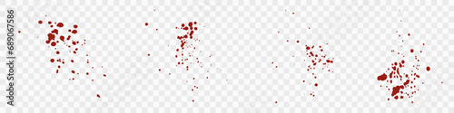 Red Bloodstain Splatter Set on Transparent Background. Blood Spatter. Drop Splat Collection. Messy Splash. Grunge Pattern. Paint Stain Texture. Abstract Design Element. Isolated Vector Illustration