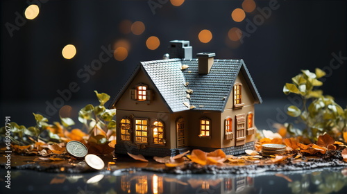 Toy little house near trees and pennies. Buying and selling residential property concept. AI generated