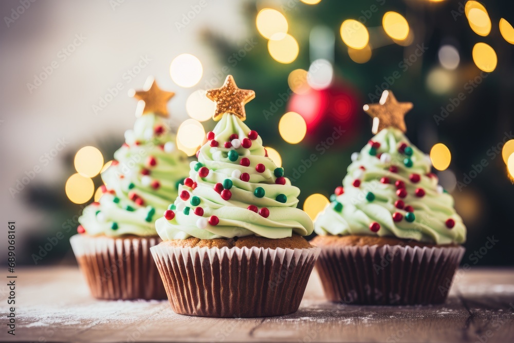 tasty decorated christmas cupcakes on wooden table