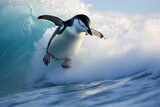 Chinstrap penguin ride out high surf on blue-ice icebergs. animal wildlife
