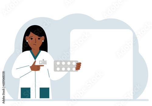 A female doctor holds pills in his hand. Large white sheet for text.