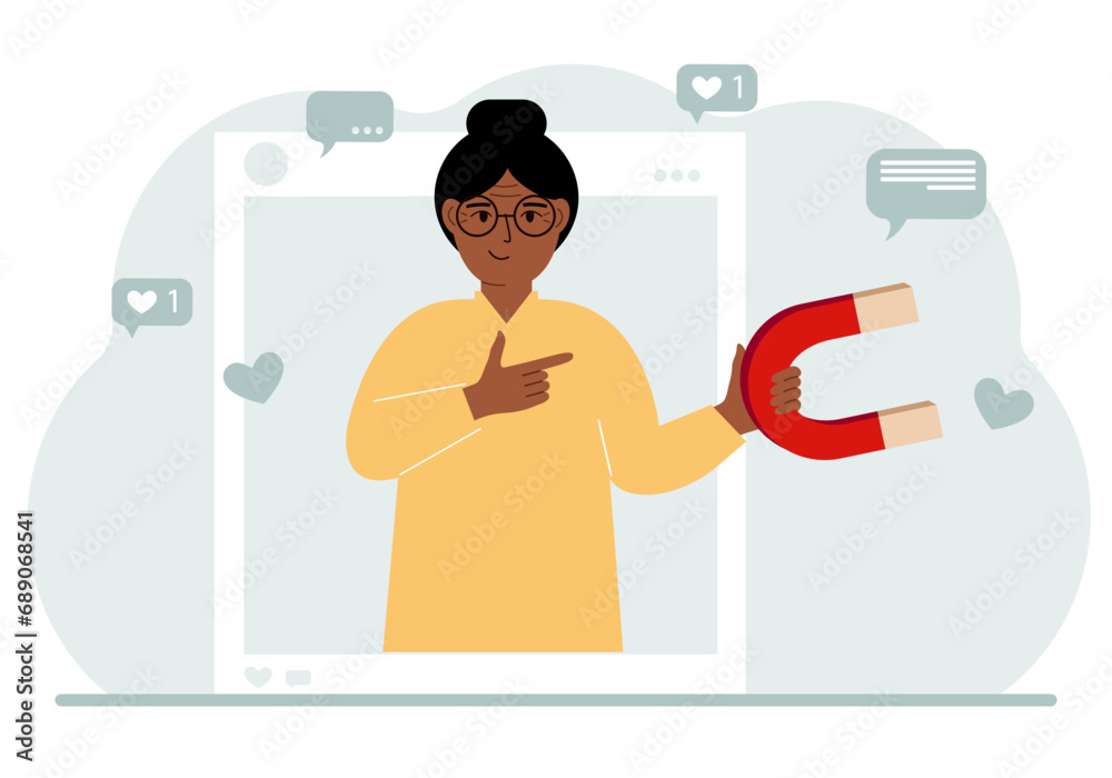 Social media influencer. A woman holds a magnet in a social profile frame. Various icons.