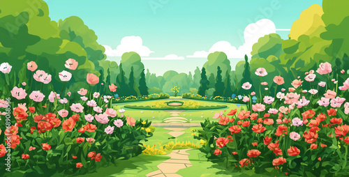 landscape with flowers and grass  spring in the park  flat design simple green garden with flowers 