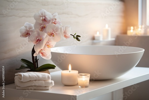 Elegant white bathroom interior with modern vessel sink  rose and candles. Romantic zen Atmosphere  Burning Scented Candles and rose