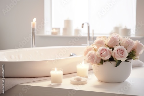 Elegant white bathroom interior with modern vessel sink, rose and candles. Romantic zen Atmosphere, Burning Scented Candles and rose
