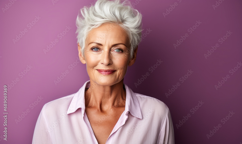Confident Elegant Senior Woman with Stylish Short White Hair and Casual Shirt Posing on a Purple Background Confident Elegant Senior Woman with Stylish Short White Hair and Casual Shirt Posing on a Purple Background