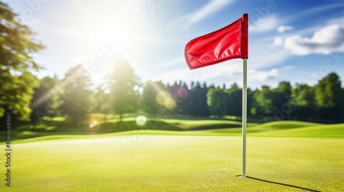Putting green with a red flag at a golf course on a summer day
