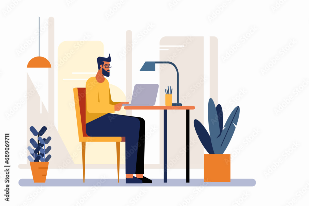 Illustration of a man working on his laptop in office Illustration of a man working on his laptop in office
