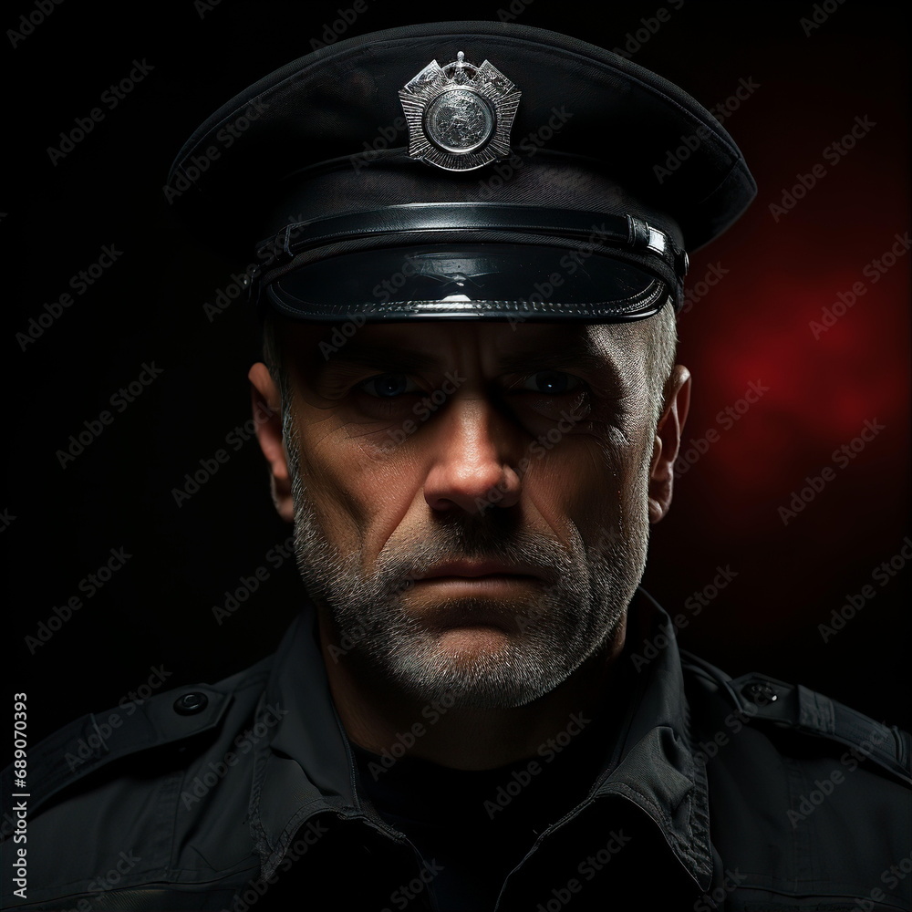 Portrait of police officer in black uniform and cap. Working in law enforcement agencies concept. AI generated Portrait of police officer in black uniform and cap. Working in law enforcement agencies concept. AI generated