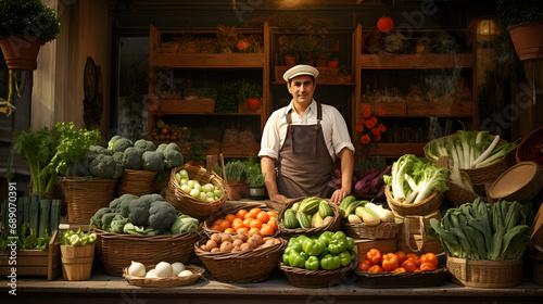Vegetable shop and male vegetable seller are standing and selling vegetables in the fresh market. Ai generate.