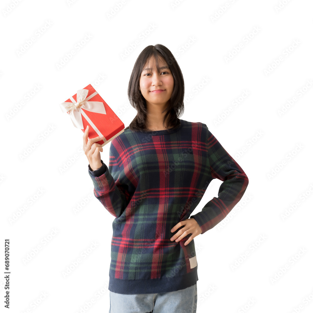 Portrait happy smiling Asian teenager girl in Christmas sweater hold hand gift box x-mas new year, isolated on white and transparent background Portrait happy smiling Asian teenager girl in Christmas sweater hold hand gift box x-mas new year, isolated on white and transparent background