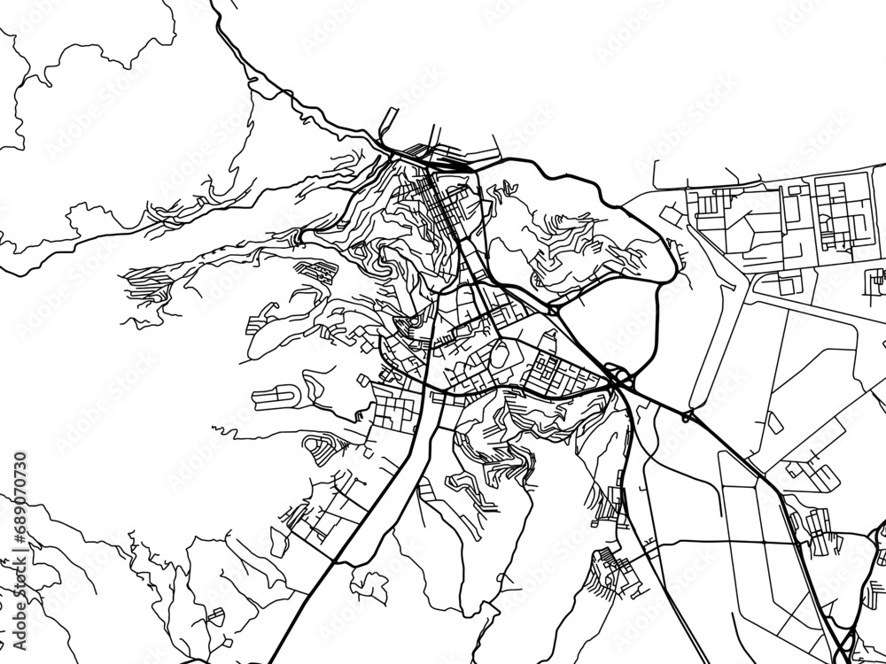 Vector road map of the city of Skikda in Algeria with black roads on a white background.