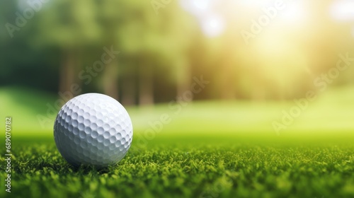 Close-up golf ball on tee with golf drivers at golf course