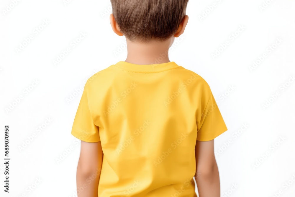 Little Boy In Yellow Tshirt On White Background, Back View, Mockup Little Boy In Yellow Tshirt On White Background, Back View, Mockup