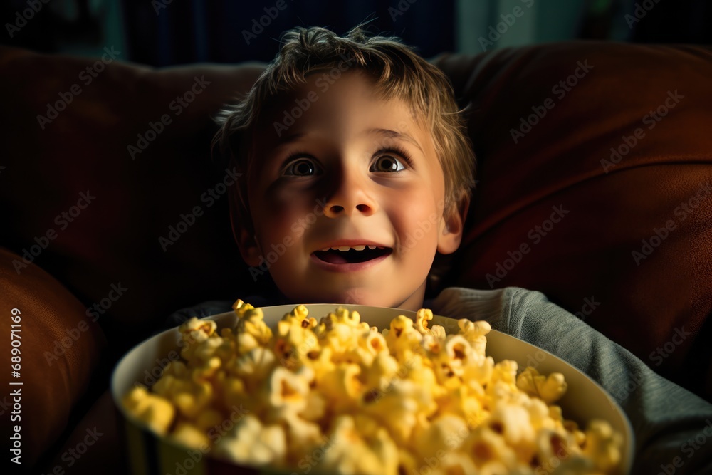 Child Boy Indulging In Popcorn While Watching Movie Photorealism Child Boy Indulging In Popcorn While Watching Movie Photorealism