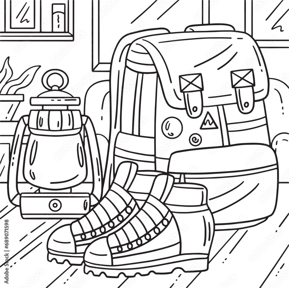Camping Backpack, Boots and Lamp Coloring Page 