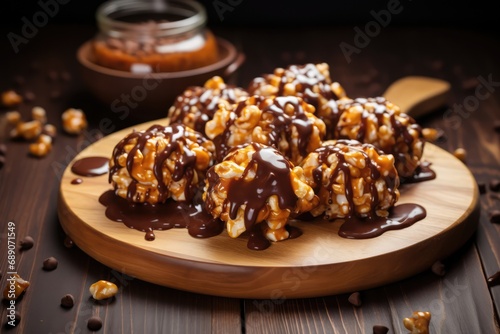 Display Of Chocolate Caramel Popcorn On Wooden Table.   oncept Food Photography  Sweet Treats  Gourmet Snacks  Tempting Desserts  Delectable Caramel Chocolates