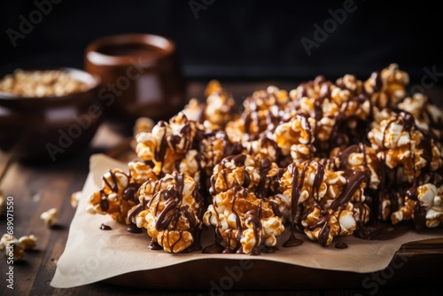 Display Of Chocolate Caramel Popcorn On Wooden Table