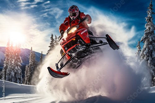Snowmobile riding with fun in deep snow powder. Extreme sport adventure, outdoor activity during winter holiday on ski mountain resort © Katynn