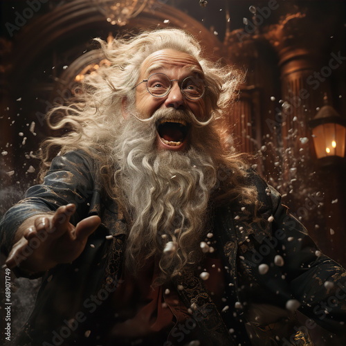 Portrait of old man with white beard and glasses. Fairytale heroes concept. AI generated