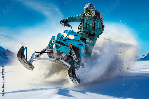 Snowmobile riding with fun in deep snow powder. Extreme sport adventure, outdoor activity during winter holiday on ski mountain resort